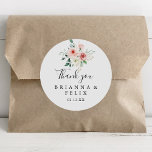 Elegant Dainty Floral Thank You Wedding Favour Classic Round Sticker<br><div class="desc">This elegant dainty floral thank you wedding favour classic round sticker is perfect for a modern wedding. The design features illustrated pink, blush and white roses, peonies with green foliage clustered into bouquets, accentuating the beautiful fall colours. Make the sticker labels your own by including your names, the event (if...</div>