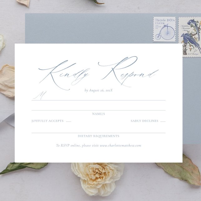 Elegant Dainty Script Dusty Blue Wedding RSVP Card (elegant dusty blue wedding response card, dainty script rsvp card, wedding enclosure card)