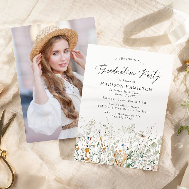 Elegant Dainty Wildflowers Photo Graduation Party Invitation (Creator Uploaded)
