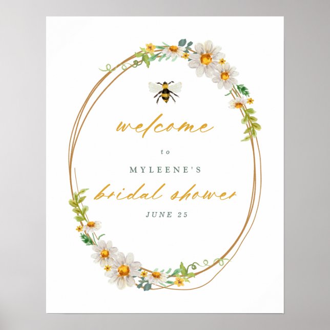 Elegant Daisies & Bee Bridal Shower Welcome Poster (Front)