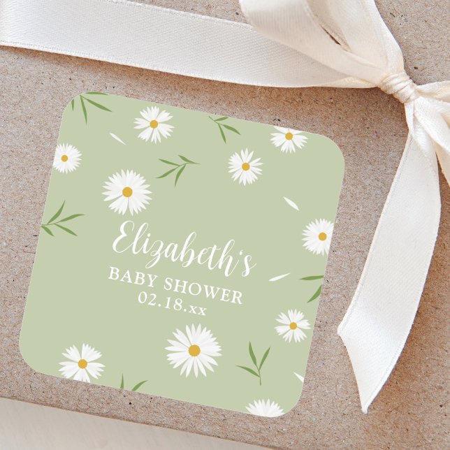 Elegant Daisies Gender Neutral Baby Shower Square Sticker (Creator Uploaded)