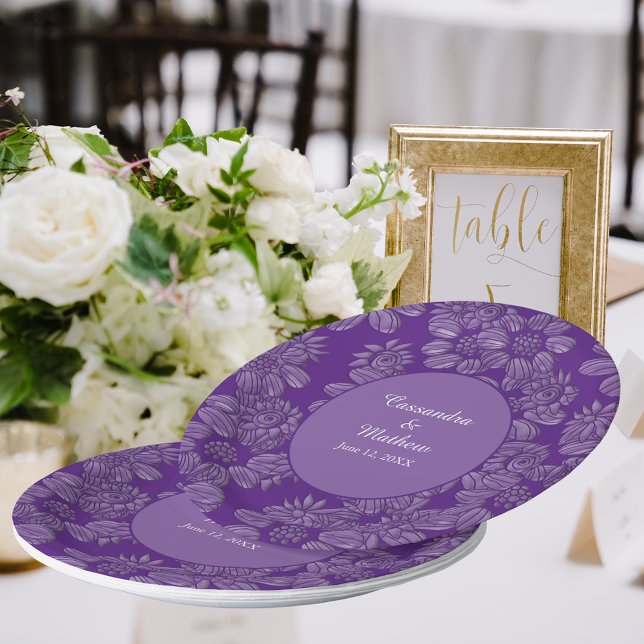 Elegant Daisies in Floral Royal Purple Wedding Paper Plate (Elegant Daisies in Floral Royal Purple Wedding Paper Plates)