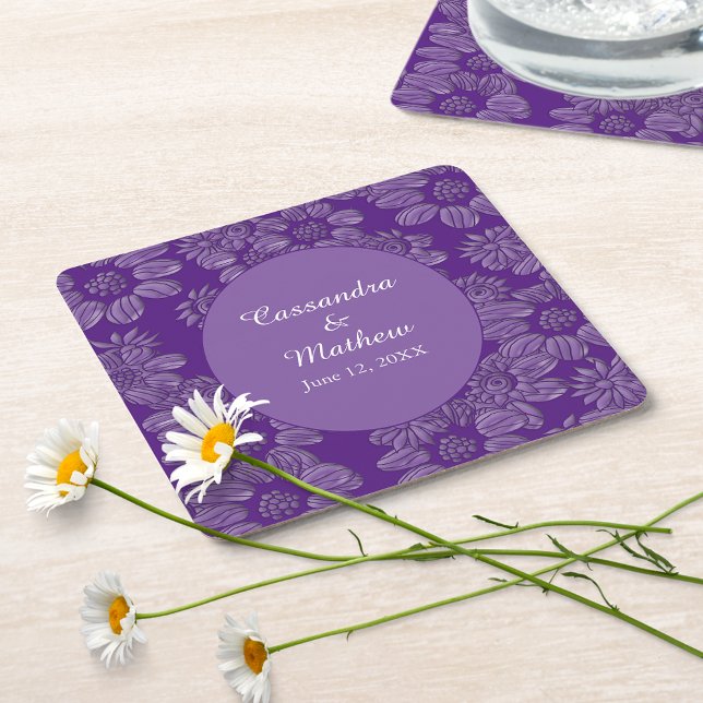 Elegant Daisies in Floral Royal Purple Wedding Square Paper Coaster (Elegant Daisies in Floral Royal Purple Wedding Square Paper Coasters)