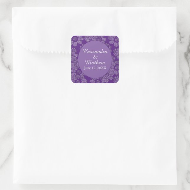 Elegant Daisies in Floral Royal Purple Wedding Square Sticker (Bag)