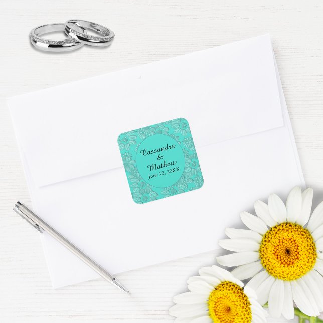 Elegant Daisies in Floral Turquoise Wedding Square Sticker (Elegant Daisies in Floral Turquoise Wedding Square Sticker)