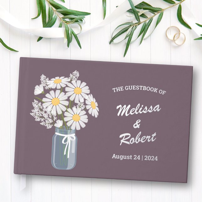 Elegant Daisies Mason Jar Wedding Foil Purple Guest Book (Creator Uploaded)