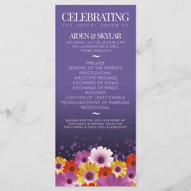 Elegant Daisies Purple Glitter Wedding Program Programme (Front)