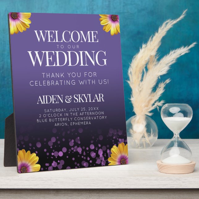 Elegant Daisies Purple Glitter Wedding Welcome Plaque (Side)