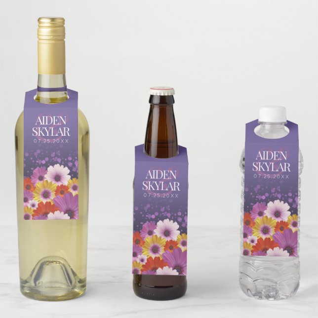 Elegant Daisies with Purple Glitter Wedding Bottle Tag (In Situ)