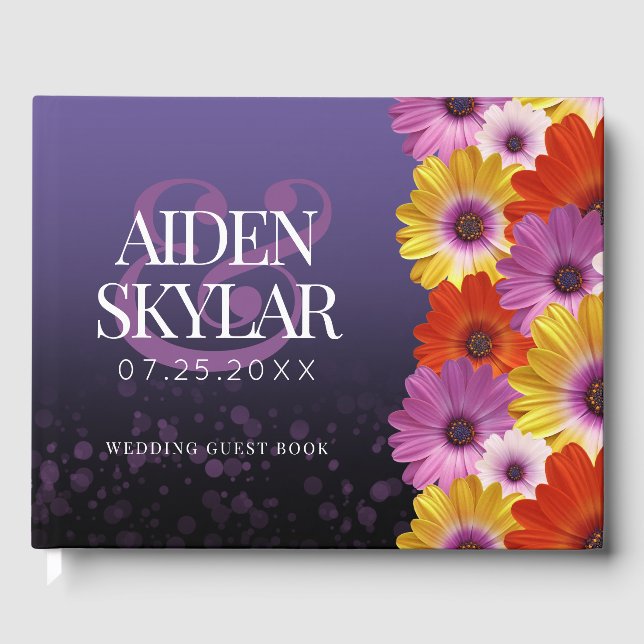 Elegant Daisies with Purple Glitter Wedding Guest Book (Front)