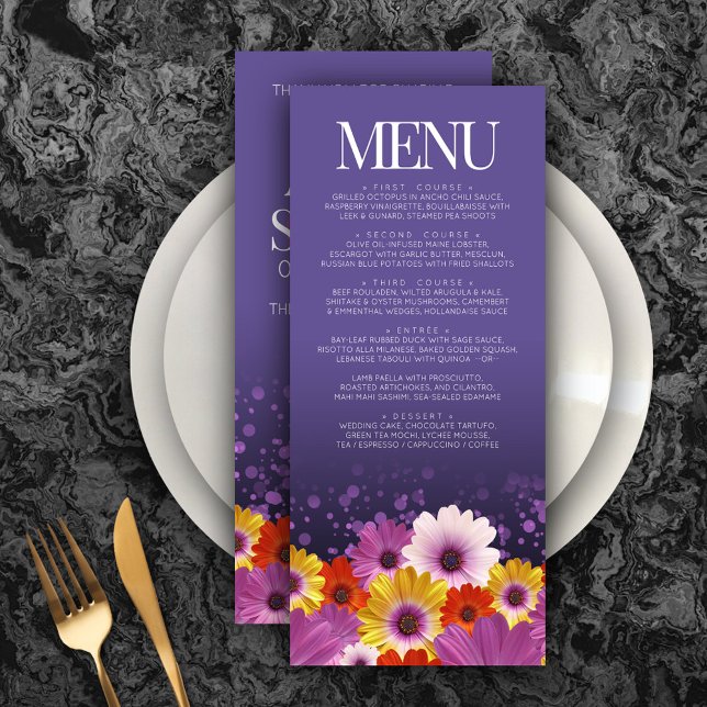 Elegant Daisies with Purple Glitter Wedding Menu (Elegant Daisies with Purple Glitter Wedding Menu Rack Card Cover Photo.)