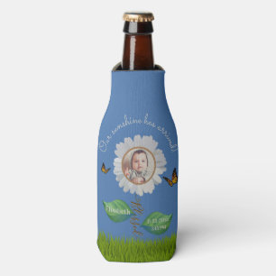 Elegant Daisy Blue Floral Cute Baby Photo & Name Bottle Cooler