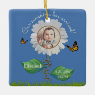 Elegant Daisy Blue Floral Cute Baby Photo & Name Ceramic Ornament
