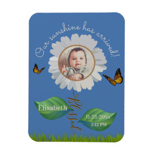 Elegant Daisy Blue Floral Cute Baby Photo & Name Magnet