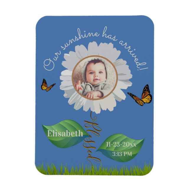 Elegant Daisy Blue Floral Cute Baby Photo & Name Magnet (Vertical)