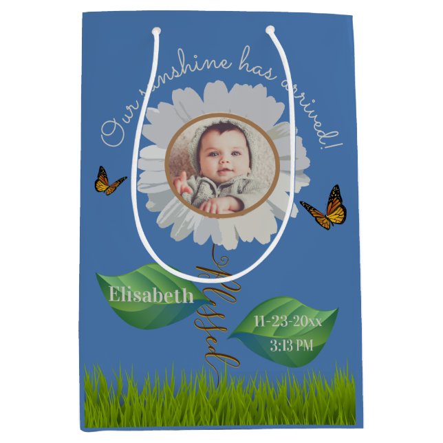 Elegant Daisy Blue Floral Cute Baby Photo & Name Medium Gift Bag (Front)