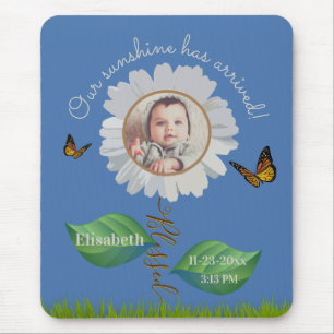 Elegant Daisy Blue Floral Cute Baby Photo & Name Mouse Mat