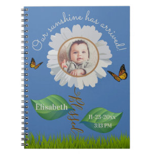 Elegant Daisy Blue Floral Cute Baby Photo & Name Notebook