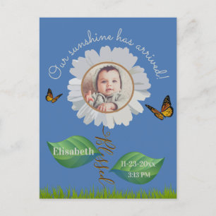 Elegant Daisy Blue Floral Cute Baby Photo & Name Postcard
