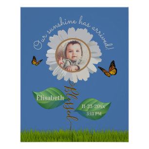 Elegant Daisy Blue Floral Cute Baby Photo & Name Poster