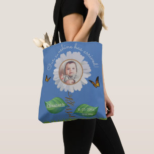 Elegant Daisy Blue Floral Cute Baby Photo & Name Tote Bag