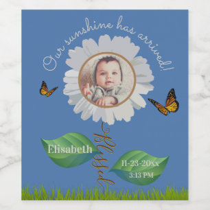Elegant Daisy Blue Floral Cute Baby Photo & Name Wine Label