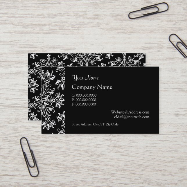 Elegant Daisy Damask in White on Black Custom Business Card (Front/Back In Situ)