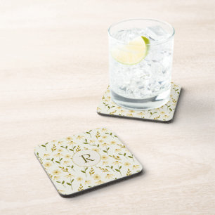 Elegant Daisy Floral Design Ivory Greenery Branch Coaster