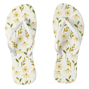 Elegant Daisy Floral Design Ivory Greenery Branch Flip Flops