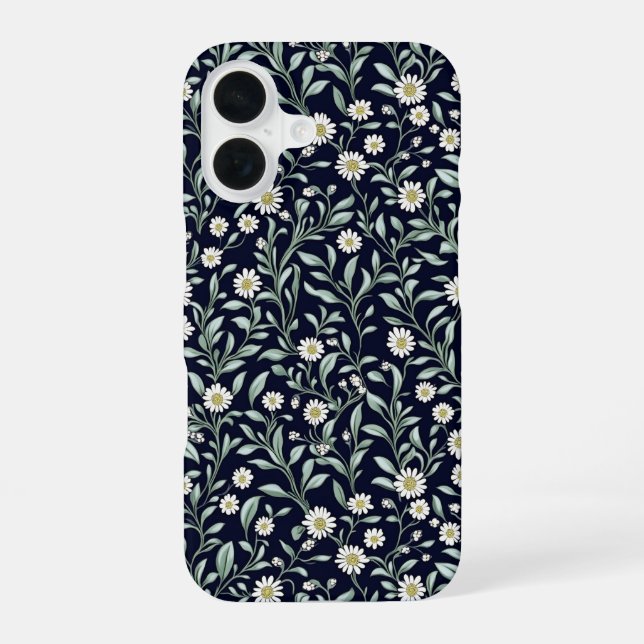 Elegant Daisy Floral Pattern on Dark Background iPhone 16 Case (Back)