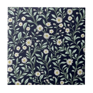 Elegant Daisy Floral Pattern on Dark Background Tile