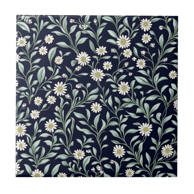 Elegant Daisy Floral Pattern on Dark Background Tile (Front)