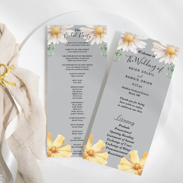 Elegant Daisy | Grey Wedding Bridal Party Flat Programme (Creator Uploaded)