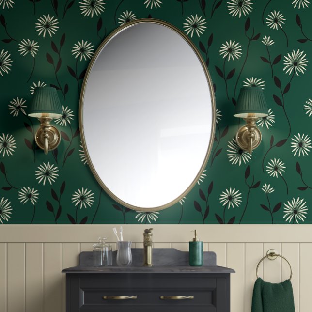 Elegant Daisy Meadow Forest Green & Ivory - Modern Wallpaper (Elegant Daisy Meadow - Forest Green and Ivory - Modern Peel and Stick Wallpaper)