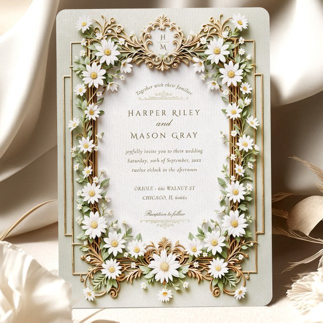 Elegant Daisy with Faux Gold Details Wedding Invitation (Creator Uploaded)