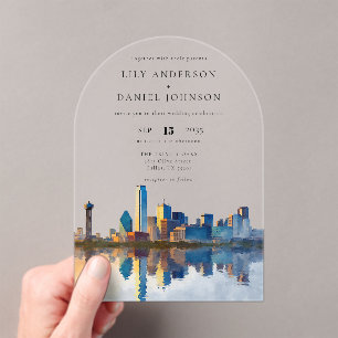 Elegant Dallas Skyline Watercolor Wedding Arch Acrylic Invitations