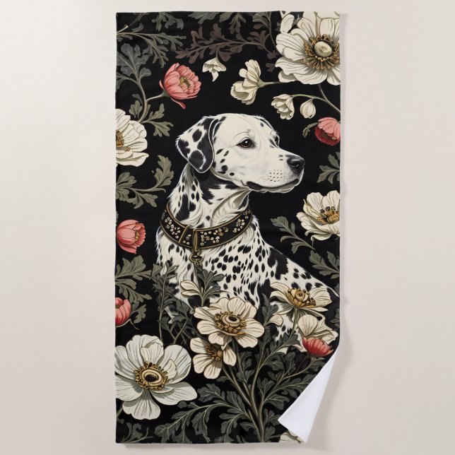 Elegant Dalmatian William Morris Inspired Beach Towel (Front)