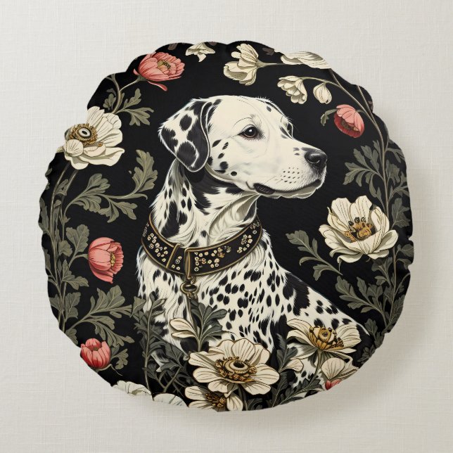 Elegant Dalmatian William Morris Inspired Round Cushion (Front)
