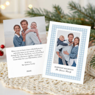 Elegant Damask 2 Photos Double side Christmas Blue Holiday Card