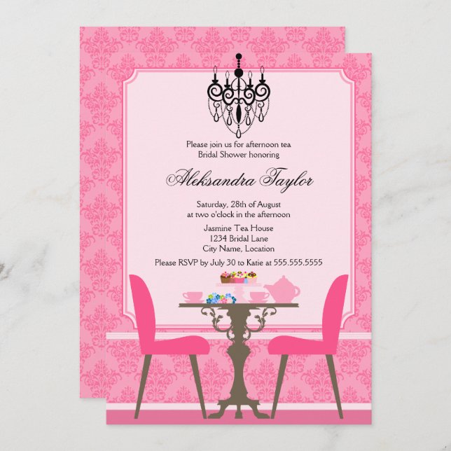 Elegant Damask and Chandelier Tea Party Invitation (Front/Back)