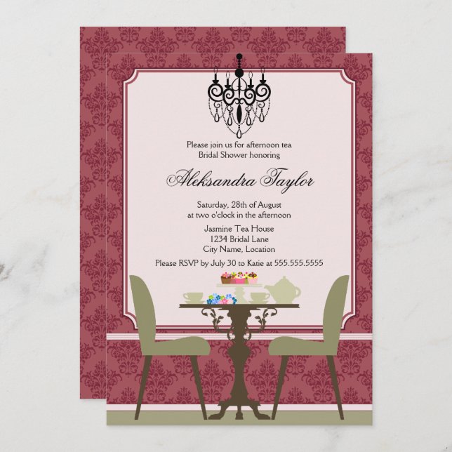 Elegant Damask and Chandelier Tea Party Invitation (Front/Back)