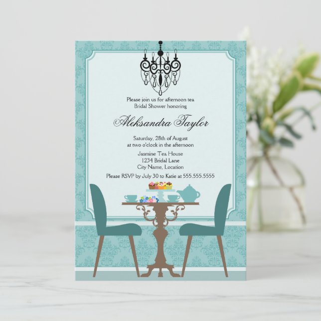 Elegant Damask and Chandelier Tea Party Invitation (Standing Front)