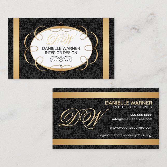 Elegant Damask and Gold Initials Business Card (Front/Back)
