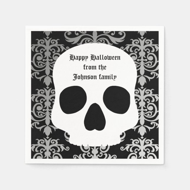 Elegant damask and skull Halloween personalised Napkin (Front)