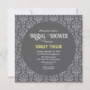 Elegant Damask Art Deco Grey Formal Bridal Shower Invitation