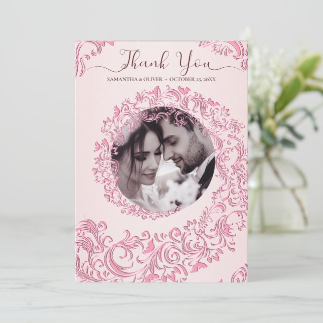 Elegant Damask  Beige Wedding Thank You Card (Standing Front)