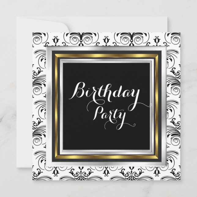 Elegant Damask Birthday Party Gold Black White Invitation (Front)