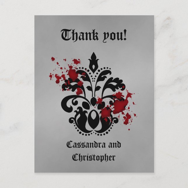Elegant damask black and grey thank you postcard (Front)