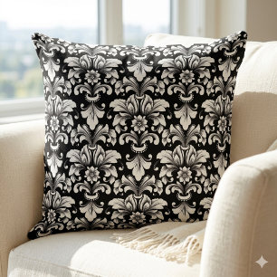 Elegant Damask black and white Throw Pillow