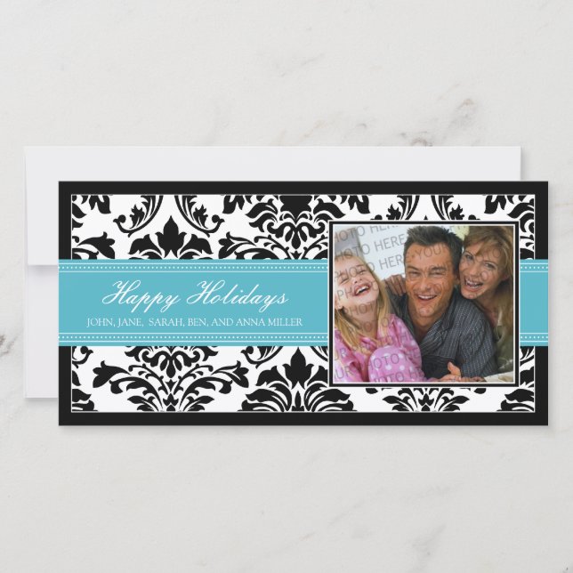 Elegant Damask Black & Aqua Custom Happy Holidays Holiday Card (Front)